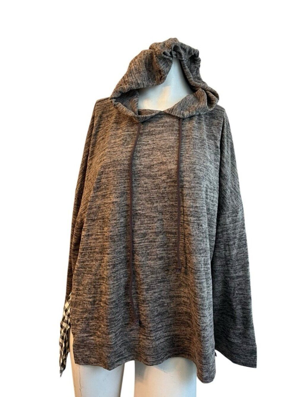 Ladies Large Hooded Shirt Merle and Checked Back Long Sleeve Lightweight Shacket